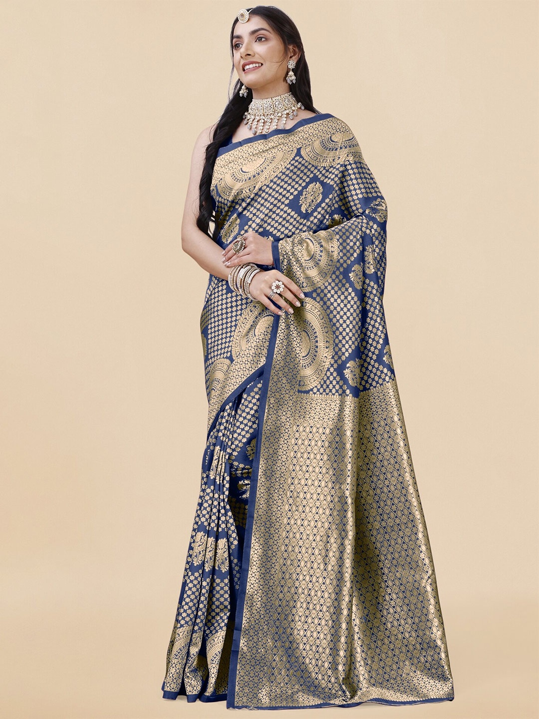 

KALINI Ethnic Motifs Woven Design Zari Detail Banarasi Saree, Navy blue