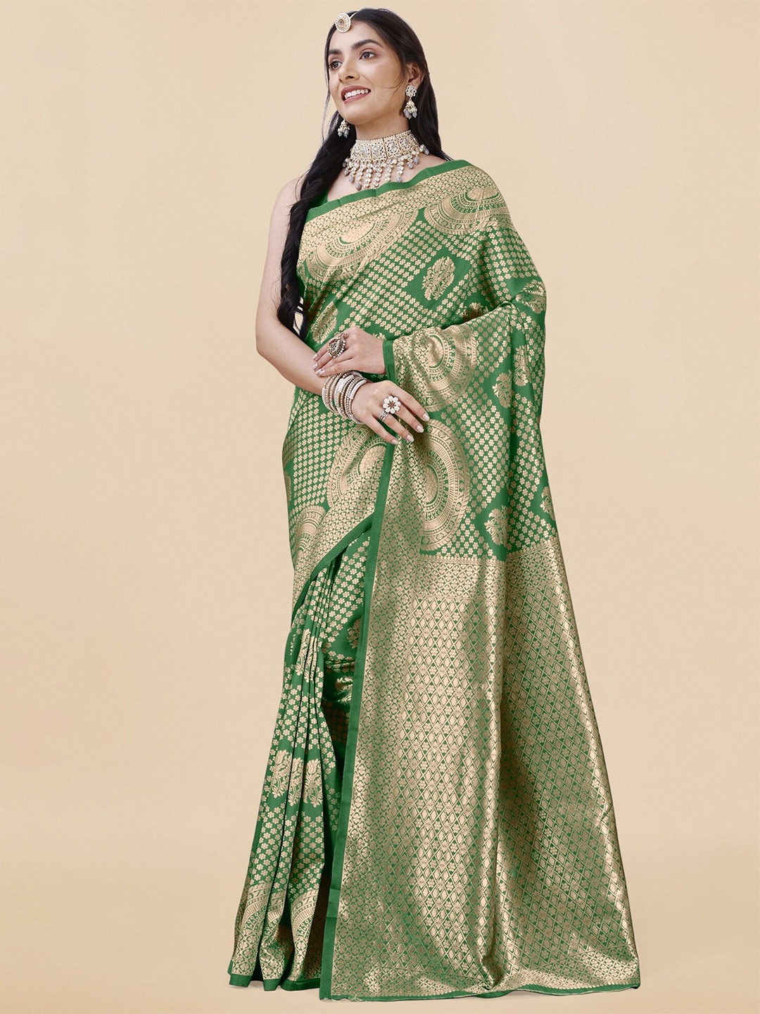 

KALINI Ethnic Motifs Woven Design Zari Detail Banarasi Saree, Green