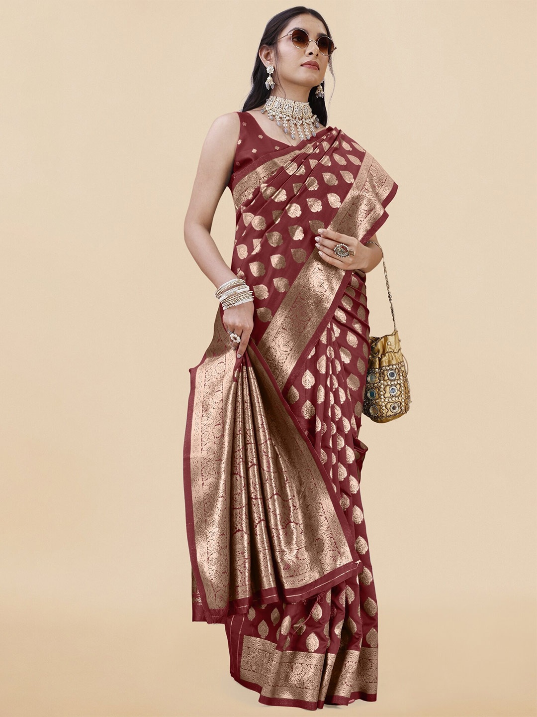 

KALINI Ethnic Motifs Woven Design Zari Detail Banarasi Saree, Maroon