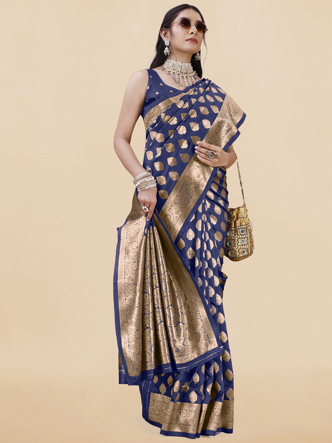 

KALINI Ethnic Motifs Woven Design Zari Detail Banarasi Saree, Navy blue