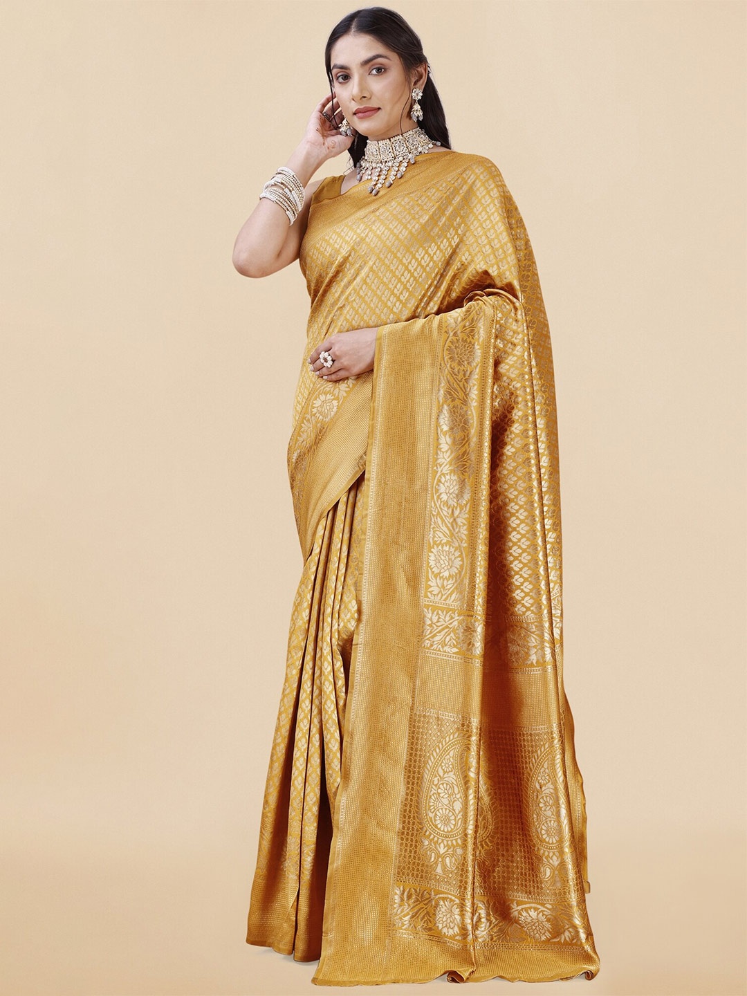 

KALINI Ethnic Motifs Woven Design Zari Banarasi Saree, Mustard