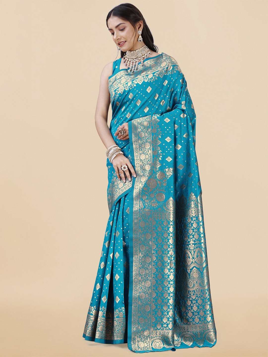 

KALINI Ethnic Motifs Woven Design Zari Banarasi Saree, Turquoise blue