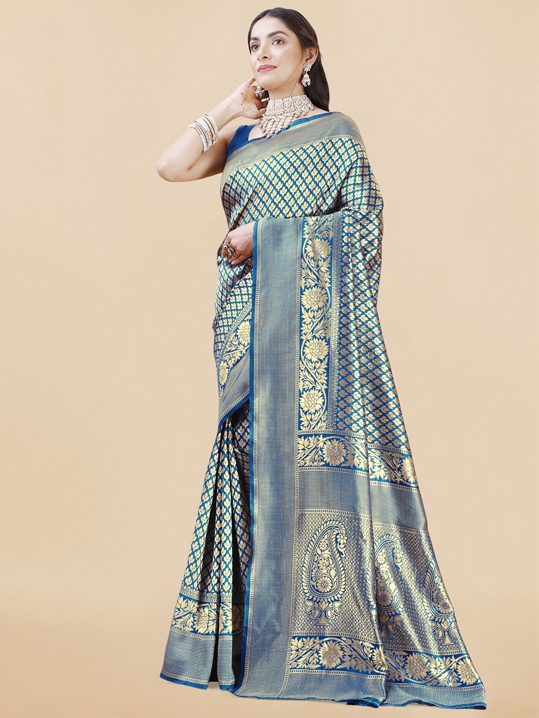 

KALINI Woven Design Zari Silk Blend Banarasi Saree, Blue