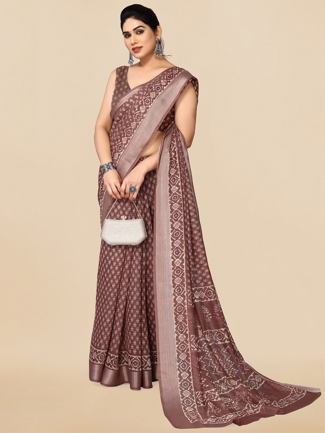 

KALINI Floral Printed Zari Block Print Saree, Brown