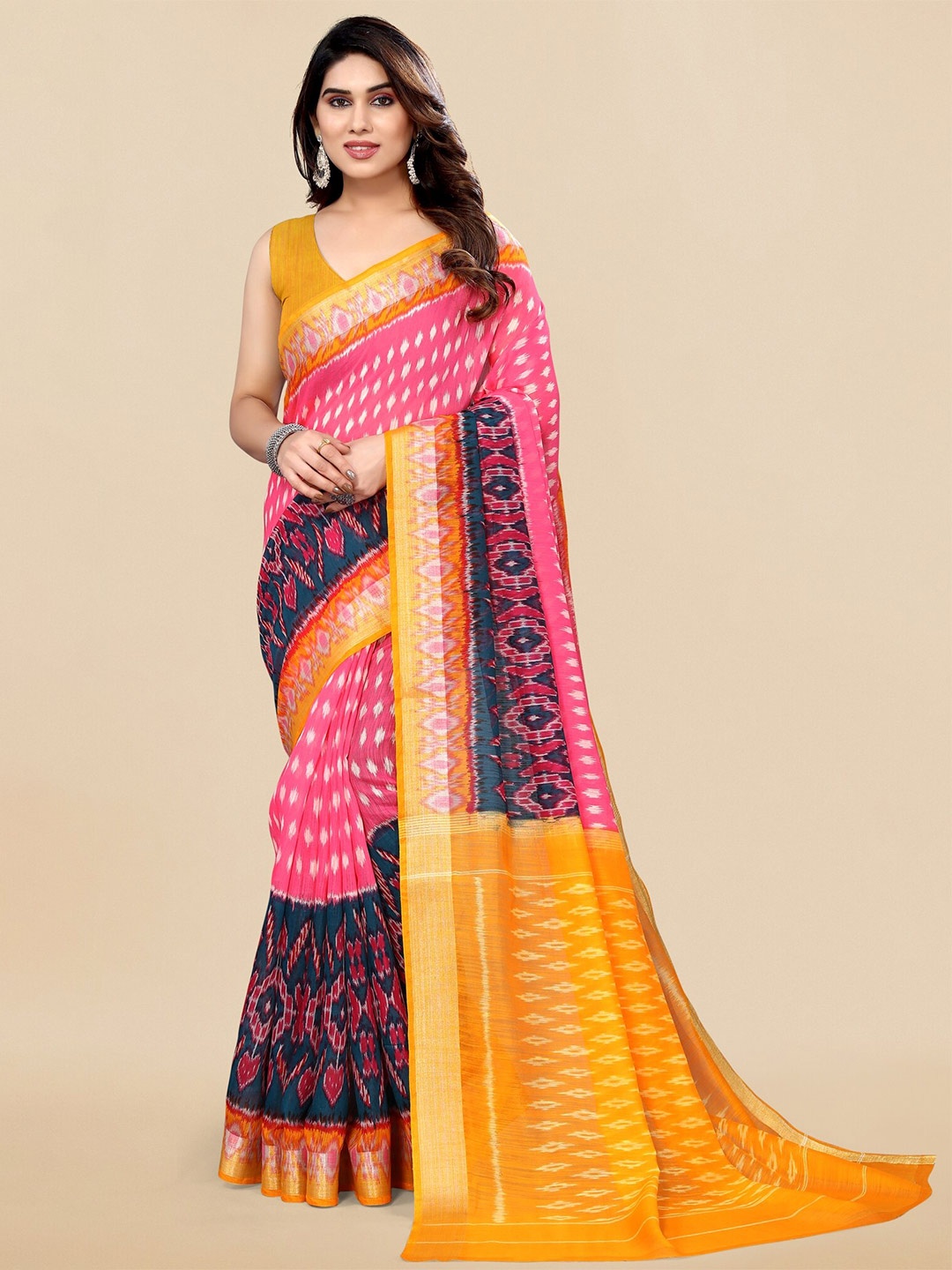 

KALINI Geometric Printed Zari Ikat Saree, Pink