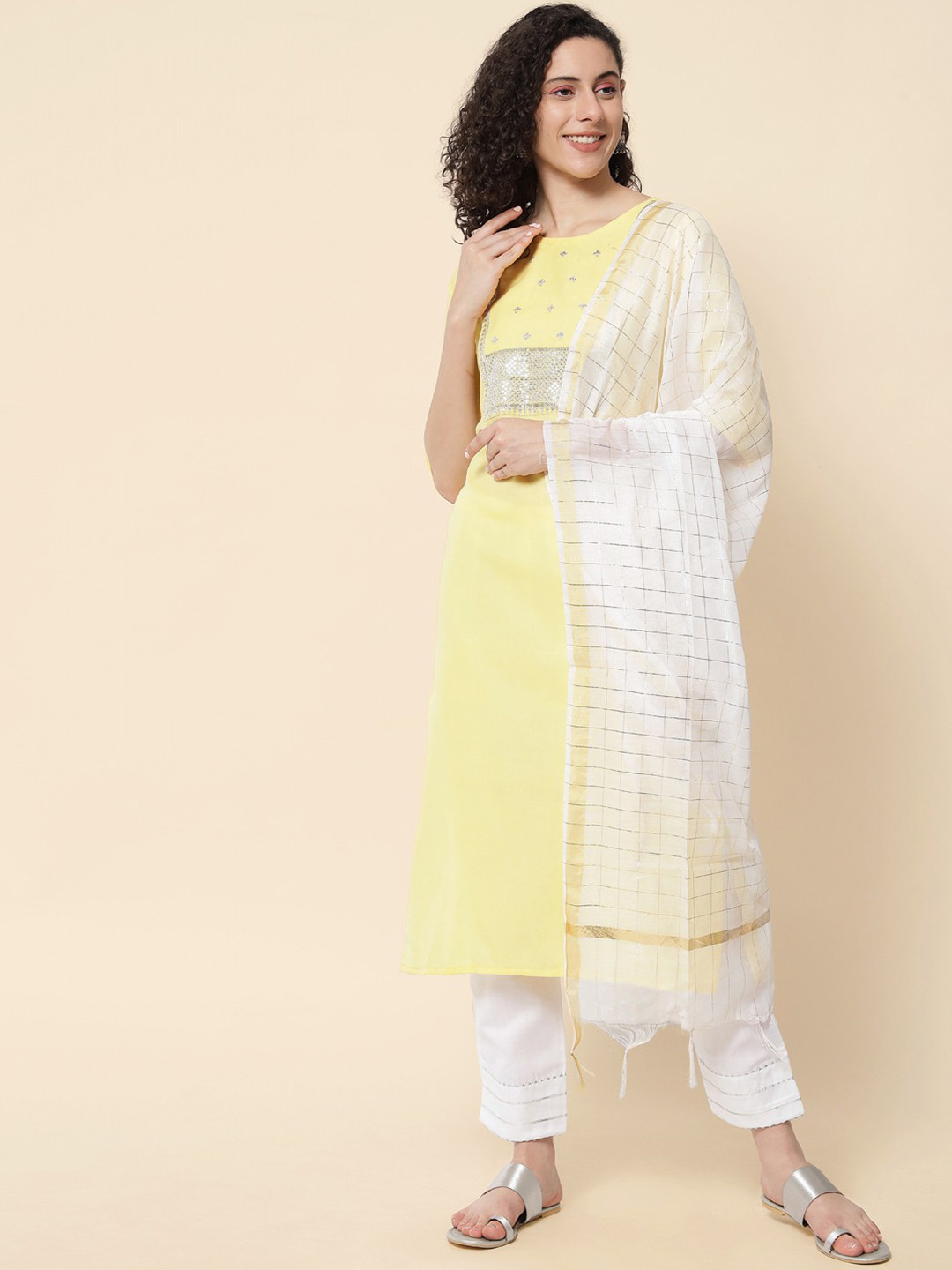 

Anouk Floral Yoke Design Sequinned Kurta With Trousers & Dupatta, Yellow
