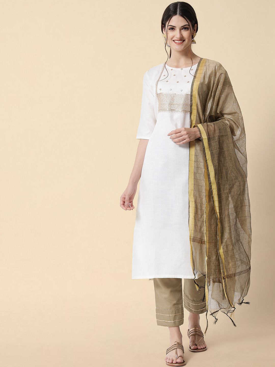 

Anouk Floral Yoke Design Sequinned Kurta With Trousers & Dupatta, White