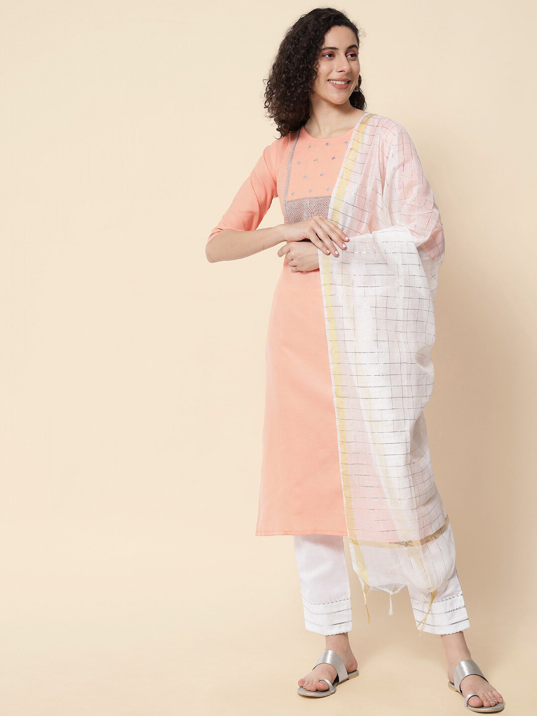 

Anouk Peach-Coloured Floral Yoke Design Straight Kurta with Trousers & Dupatta