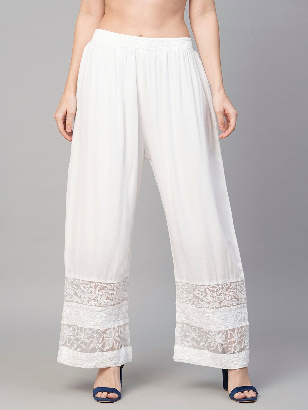 

ADA Ethnic Motifs Embroidered Cotton Straight Palazzos, White
