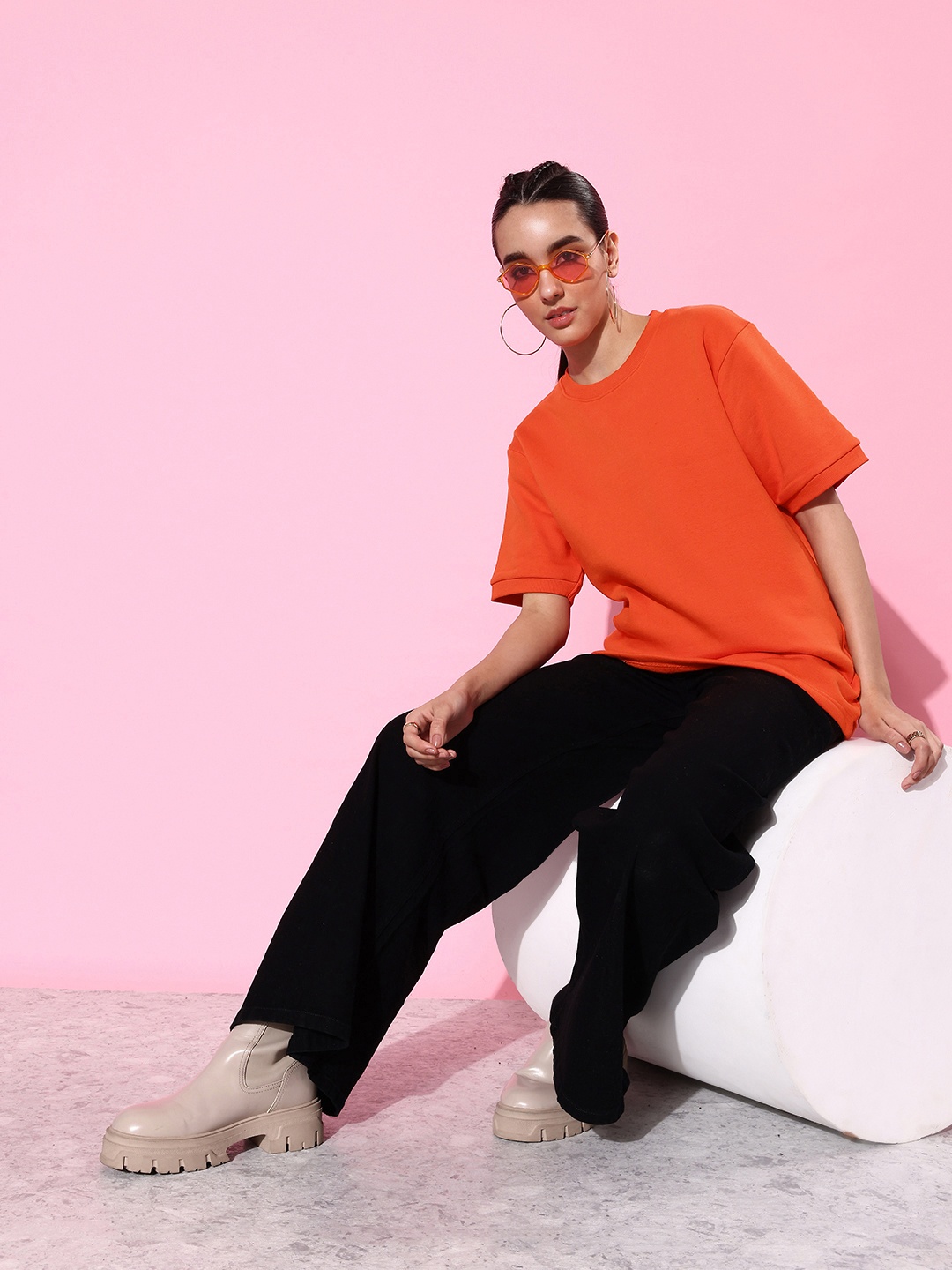 

DILLINGER Women Solid Longline Pullover Sweatshirt, Orange