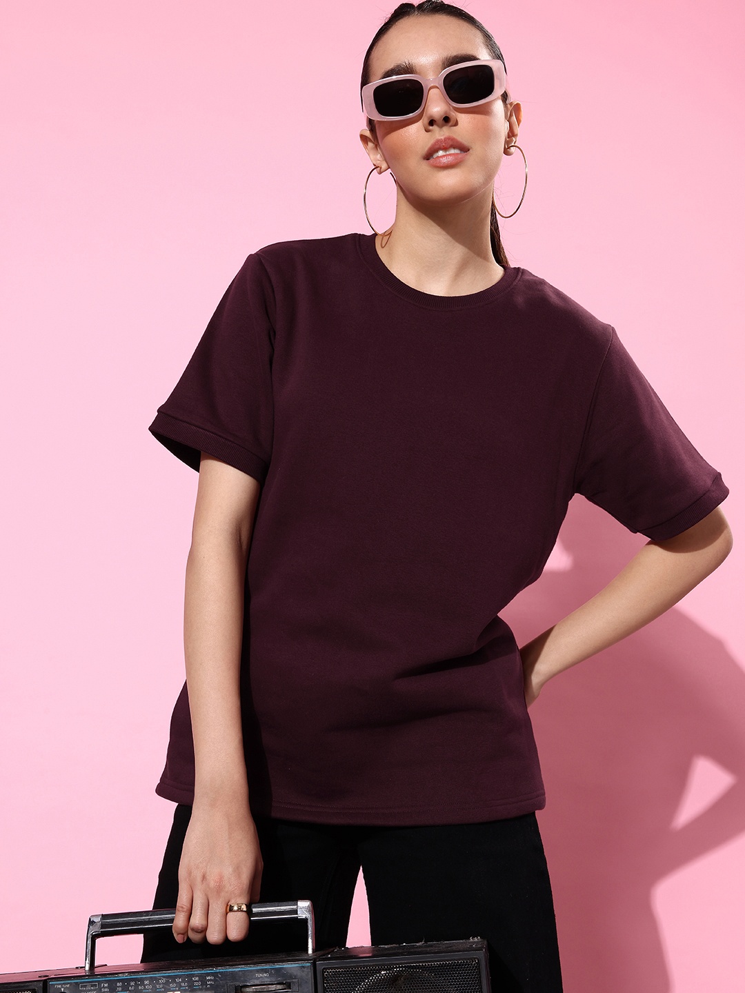 

DILLINGER Women Solid Longline Pullover Sweatshirt, Maroon
