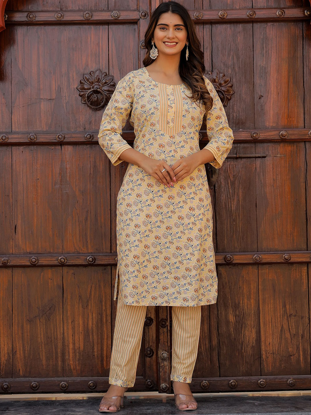 

KALINI Floral Printed Regular Kurta with Trousers, Beige