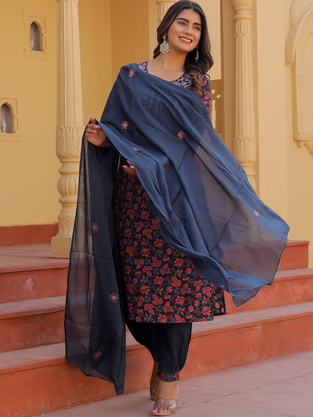 

KALINI Floral Printed Thread Work Pure Cotton Kurta with Salwar & Dupatta, Blue