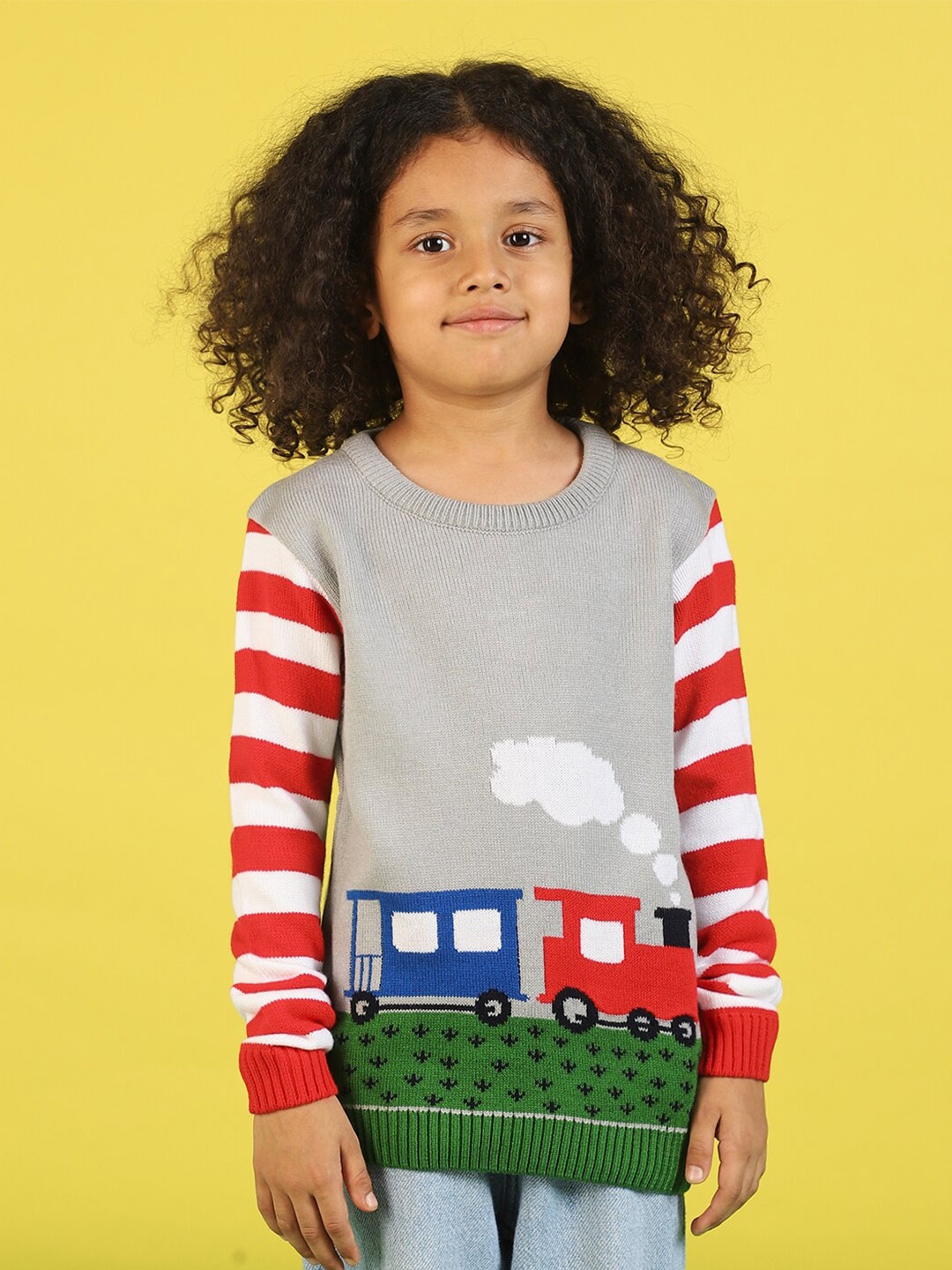 Nauti Nati Boys Graphic Printed Acrylic Pullover Sweater, Grey