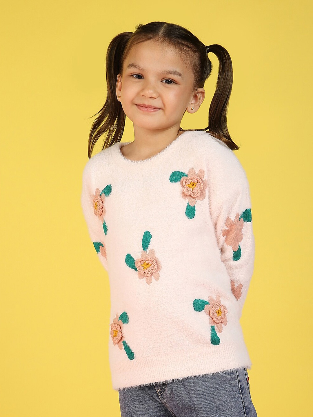 

Nauti Nati Girls Floral Self Design Crochet & Jacquard-Knit Ribbed Acrylic Pullover, Pink