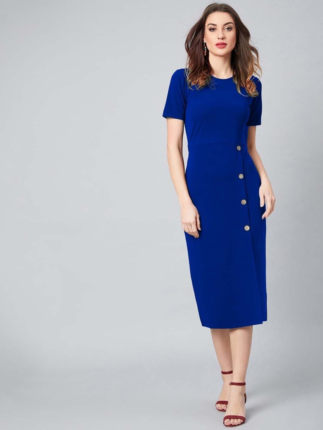 

Athena Blue Round Neck Short Sleeves Scuba Sheath Midi Dress