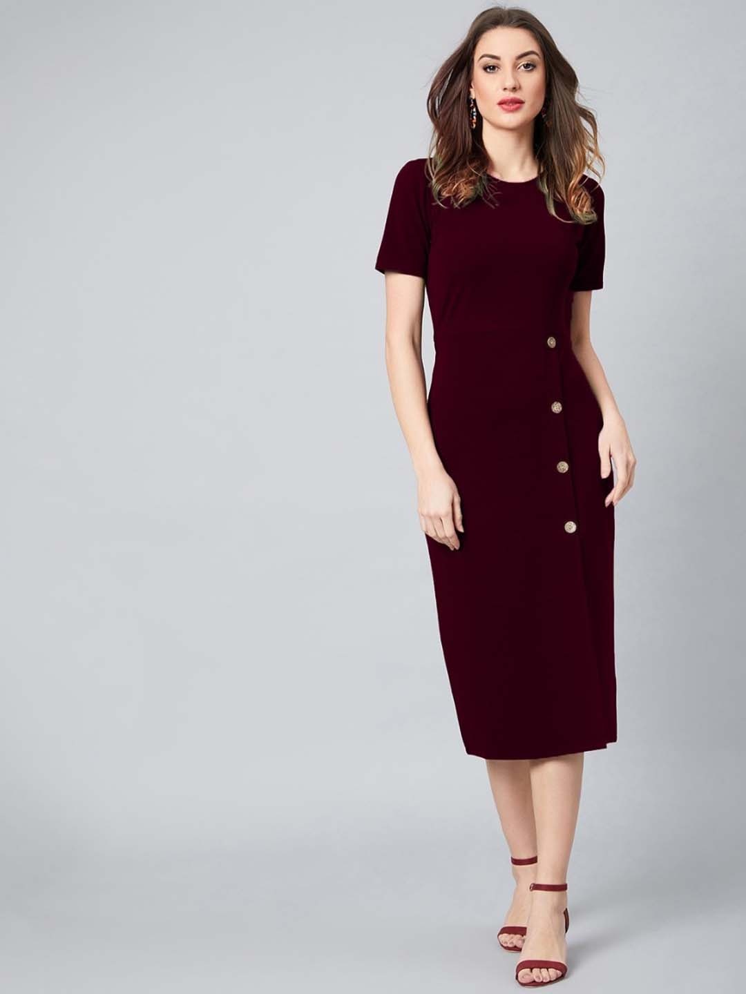 

Athena Maroon Round Neck Short Sleeves Scuba Sheath Midi Dress
