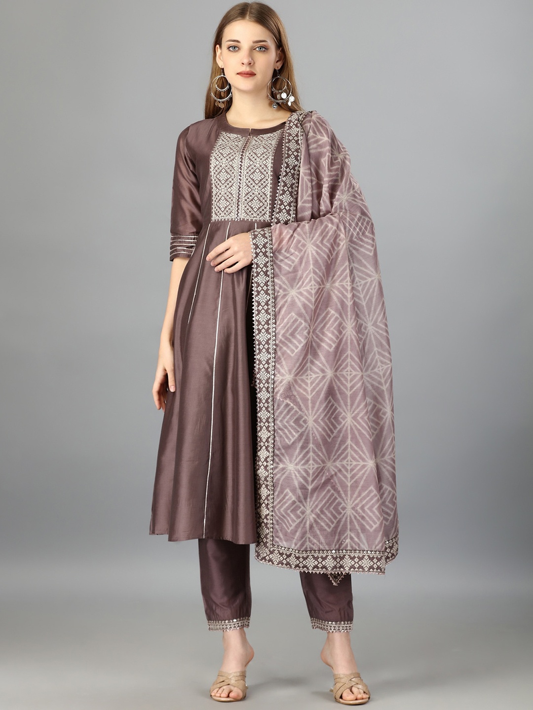 

GoStyle Ethnic Motifs Yoke Design Chanderi Cotton Kurta with Trousers, Coffee brown