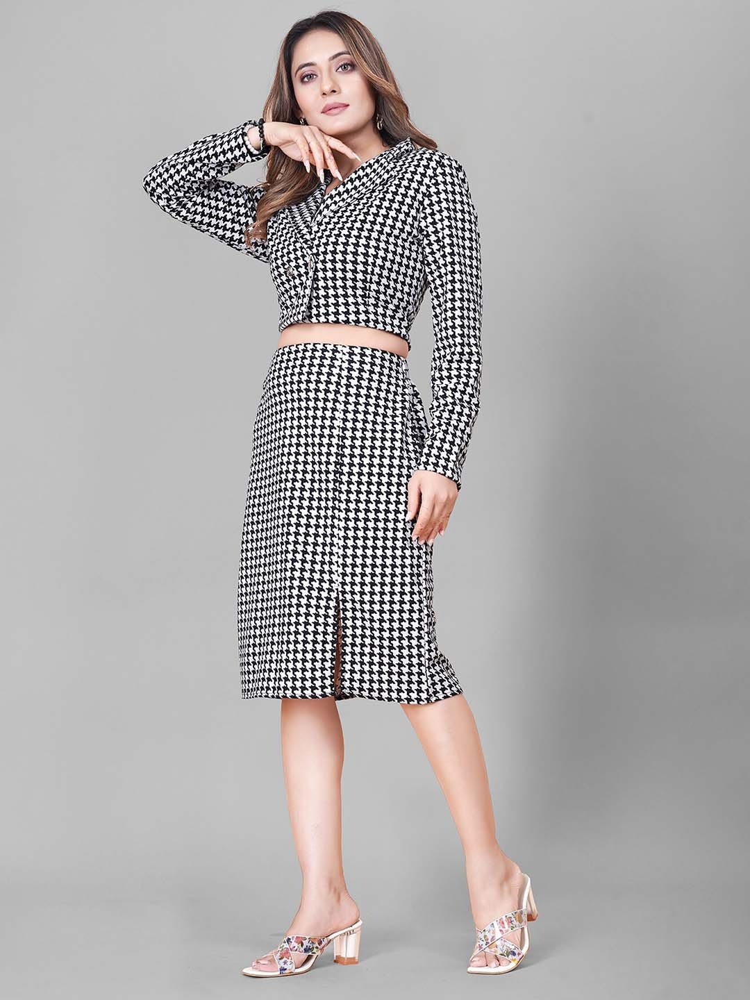

N N ENTERPRISE Geometric Printed Cuban Collar Coat & Skirt, Black