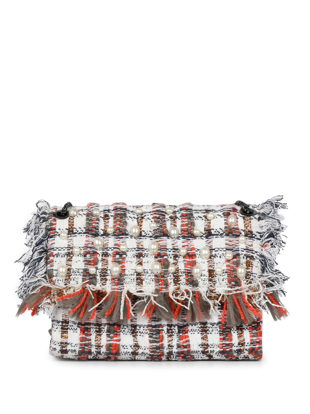 

Favore Checked Leather Swagger Sling Bag with Tasselled, White