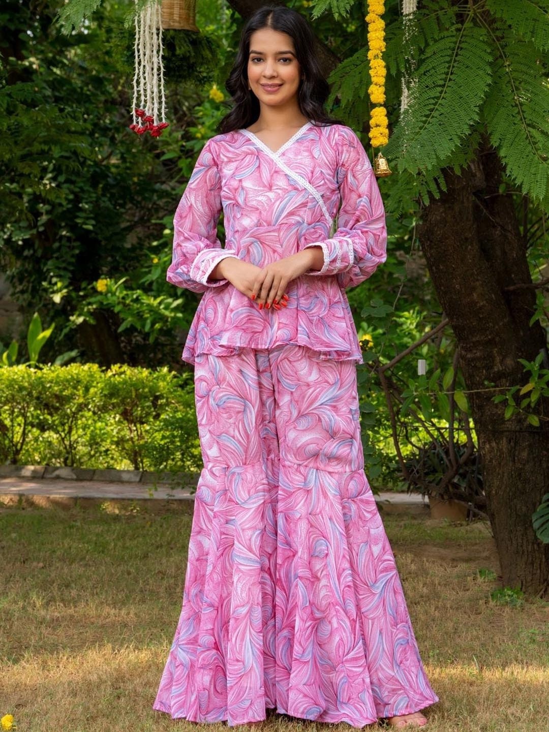 

HOUSE OF JAMOTI Floral Printed Georgette Angrakha Kurti With Sharara, Pink