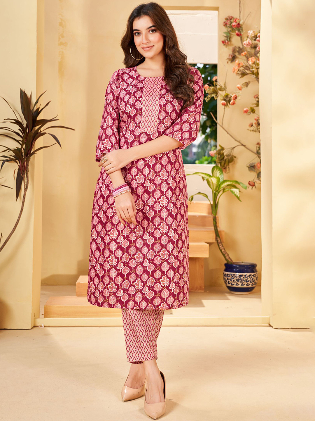 

KALINI Floral Printed Regular Kurta with Trousers, Pink