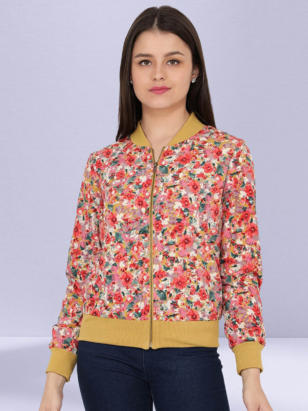 

NUEVOSDAMAS Floral Printed Stand Collar Bomber Jacket, Mustard