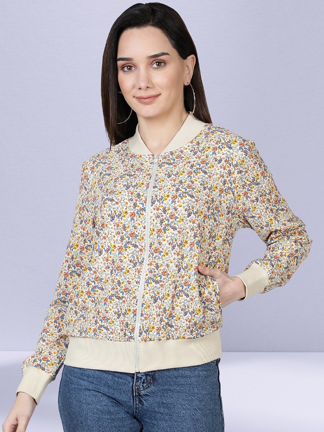 

NUEVOSDAMAS Floral Printed Bomber Jacket, Beige