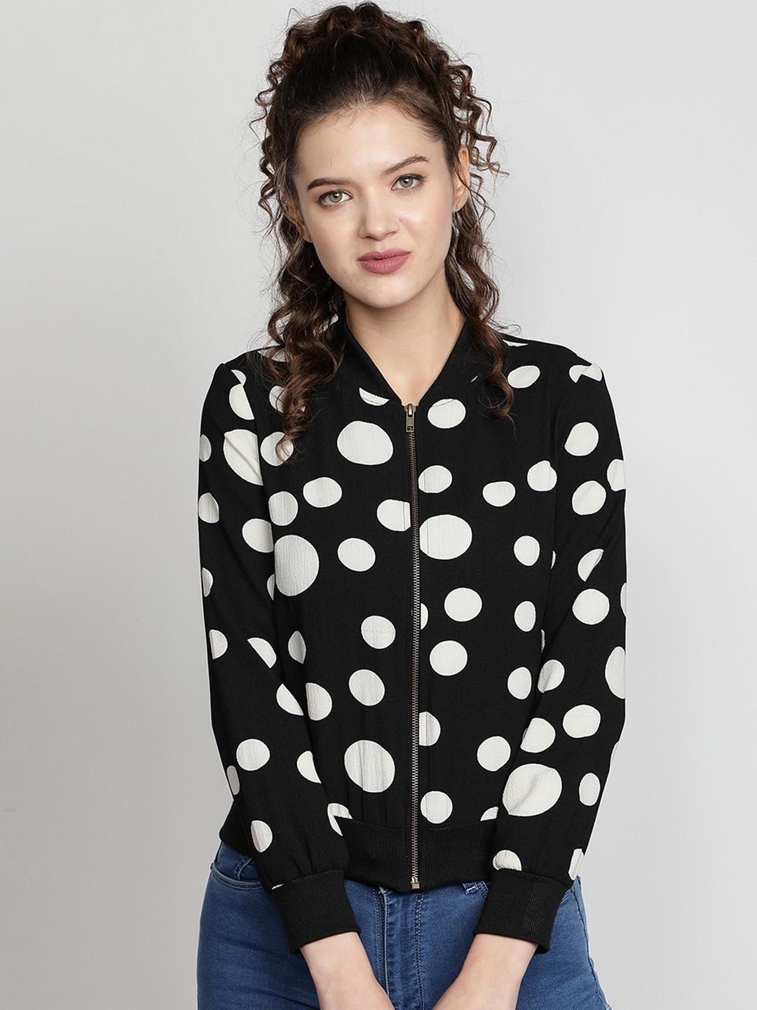 

NUEVOSDAMAS Polka Dots Printed Bomber Jacket, Black