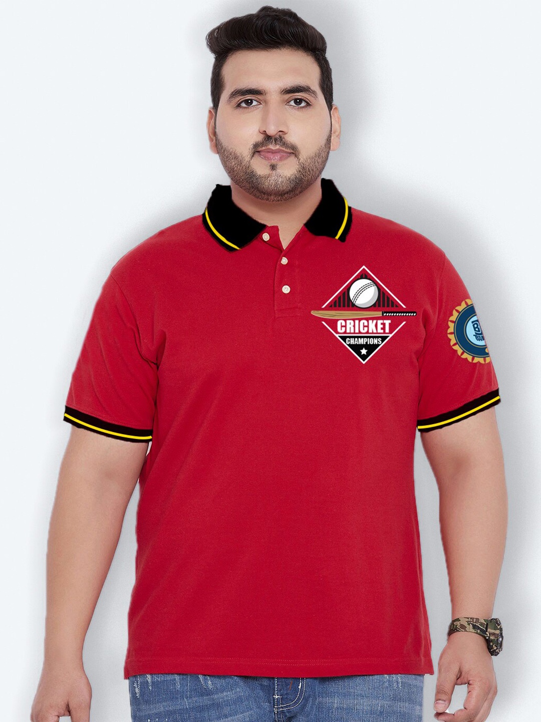 

bigbanana Plus Size Graphic Printed Polo Collar Bio Finish T-shirt, Red