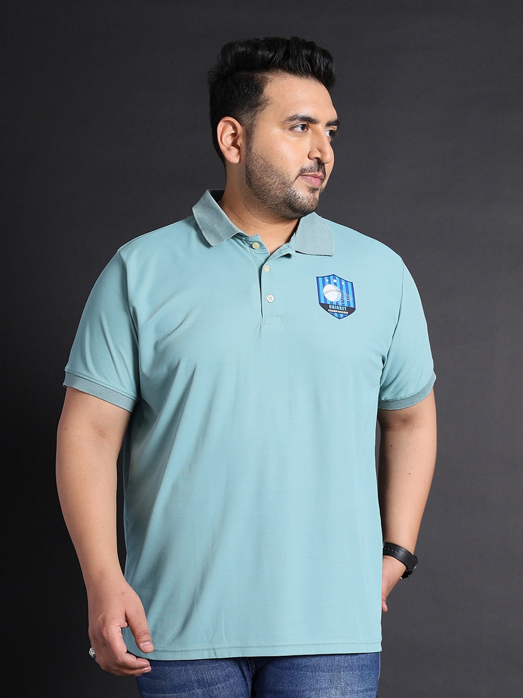 

bigbanana Plus Size Graphic Printed Polo Collar Bio Finish T-shirt, Teal