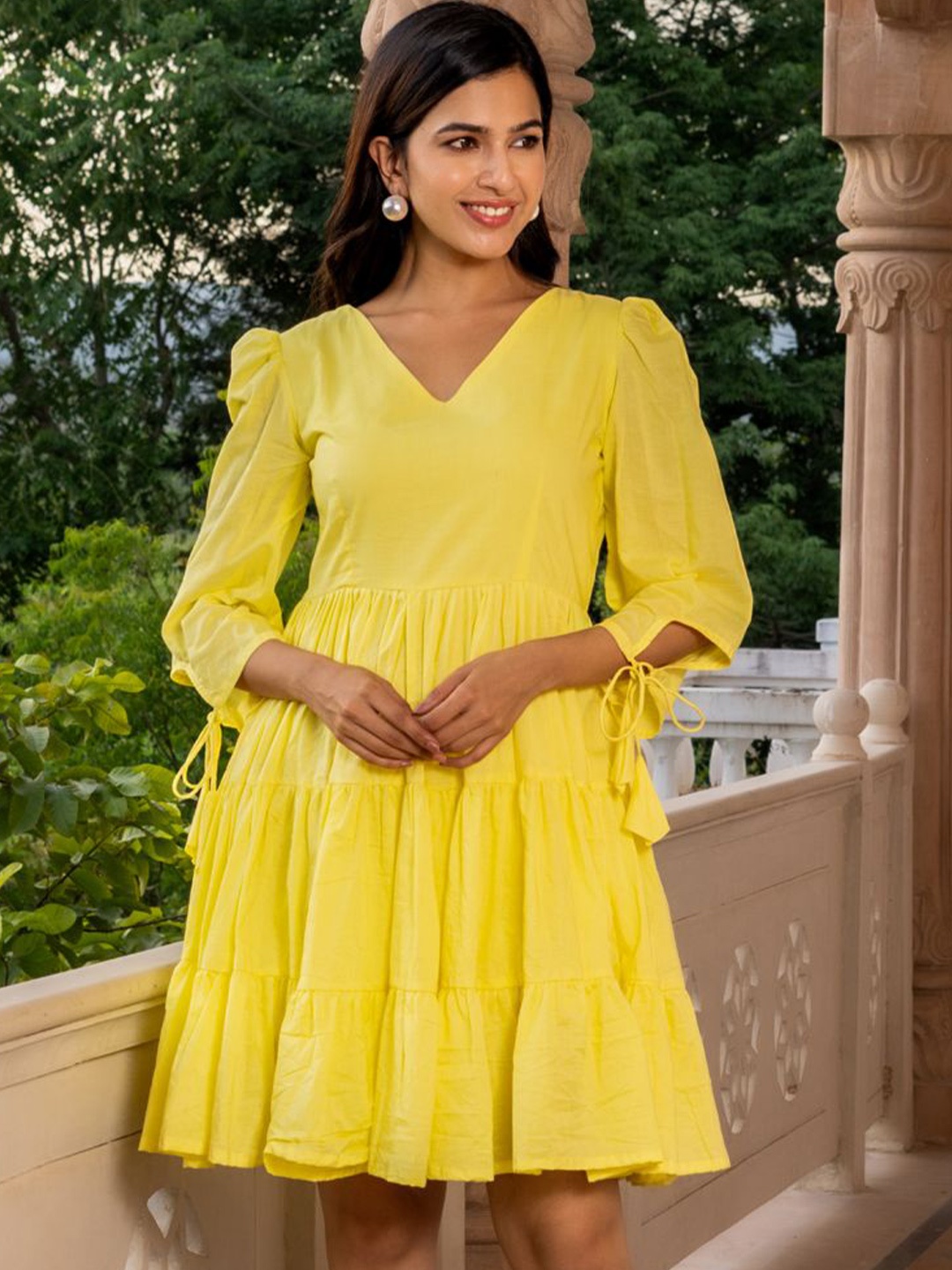 

HOUSE OF JAMOTI V-Neck Tiered Cotton Fit & Flare Dress, Yellow