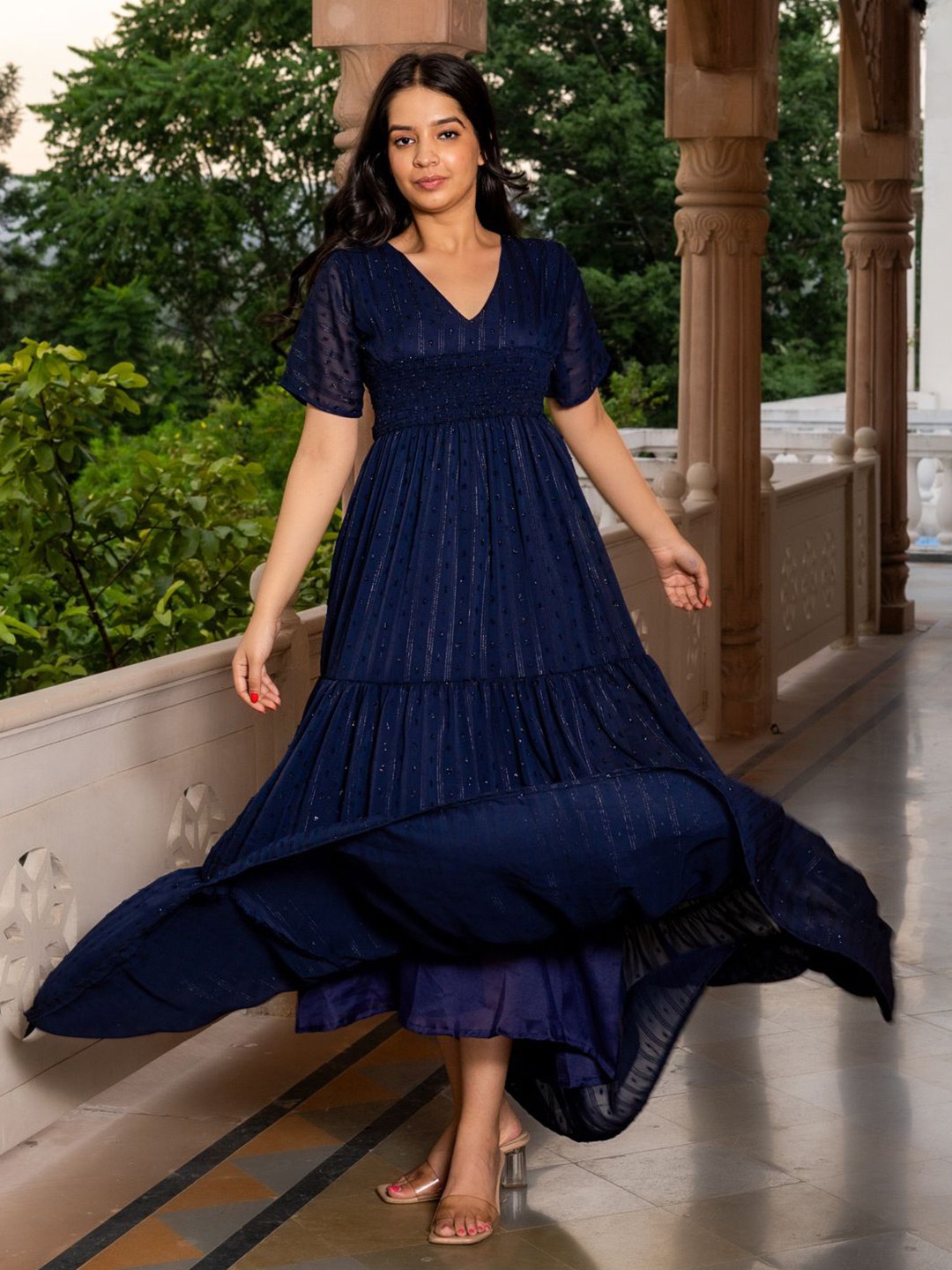 

HOUSE OF JAMOTI Self Design Empire Midi Dress, Blue