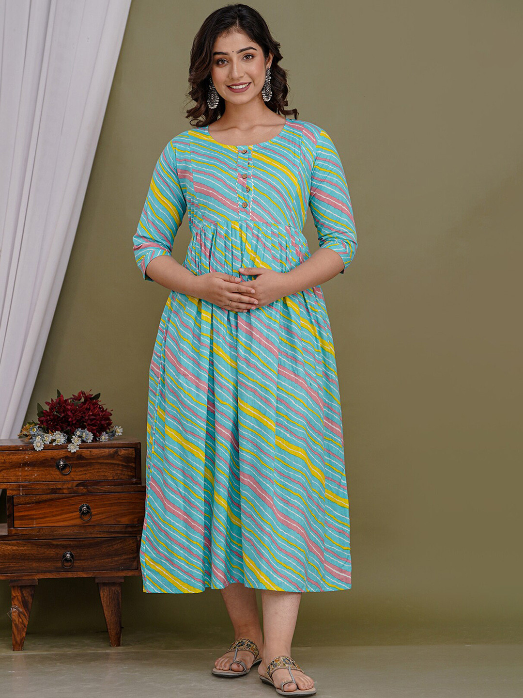 

NITVAN Maternity Leheriya Printed Gotta Patti Cotton Fit & Flare Ethnic Dress, Blue