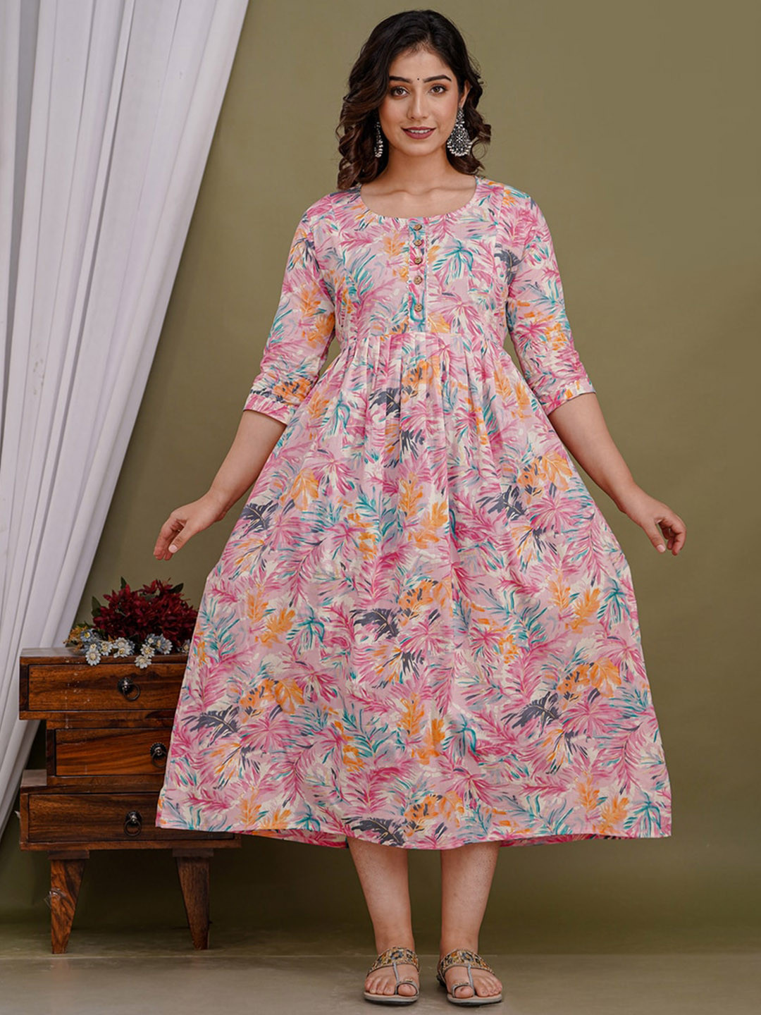 

NITVAN Maternity Floral Printed Gotta Patti Cotton Fit & Flare Ethnic Dress, Pink