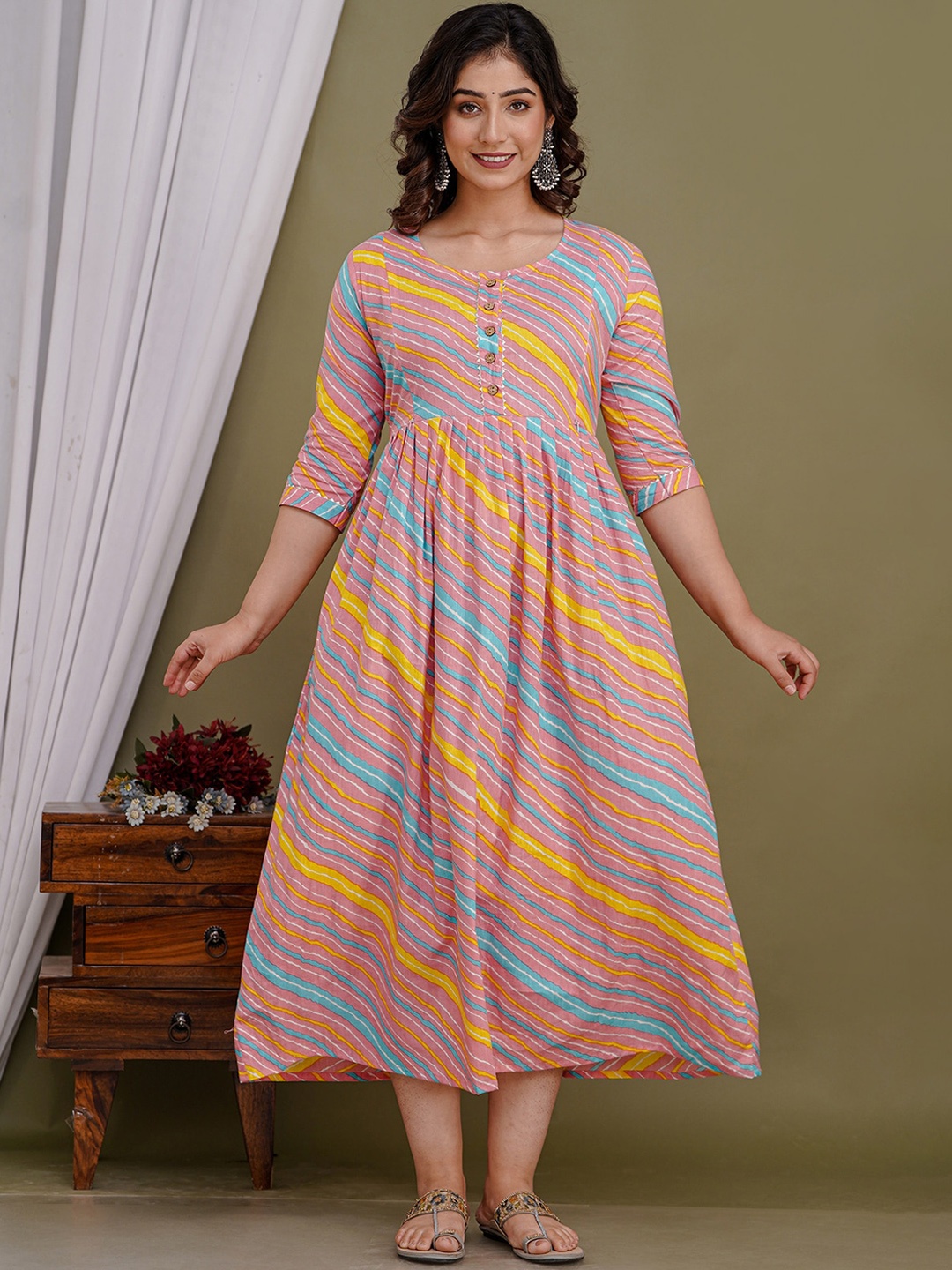

NITVAN Striped Maternity A-line Cotton Ethnic Dress, Pink