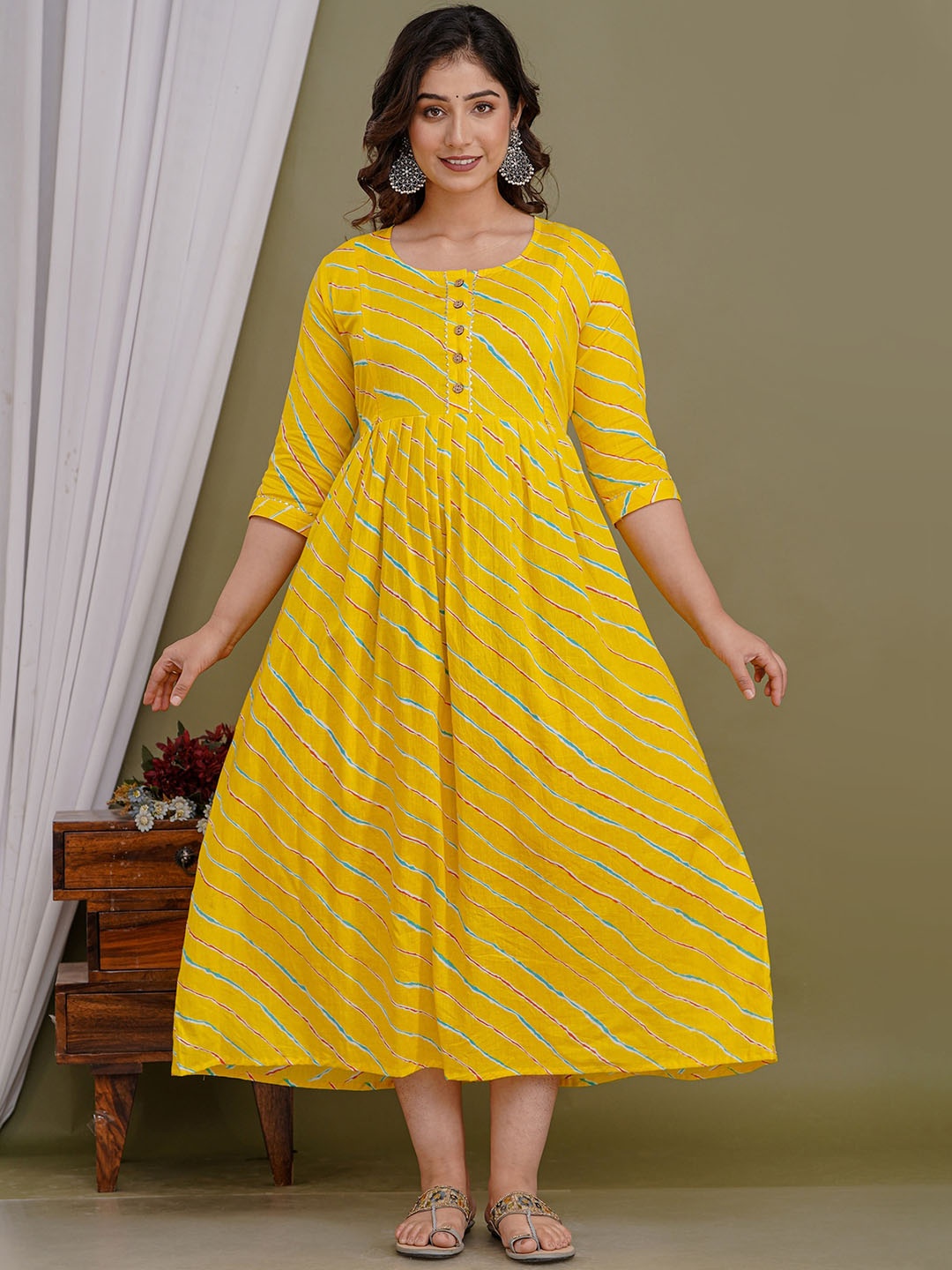 

NITVAN Striped Maternity A-line Cotton Ethnic Dress, Yellow