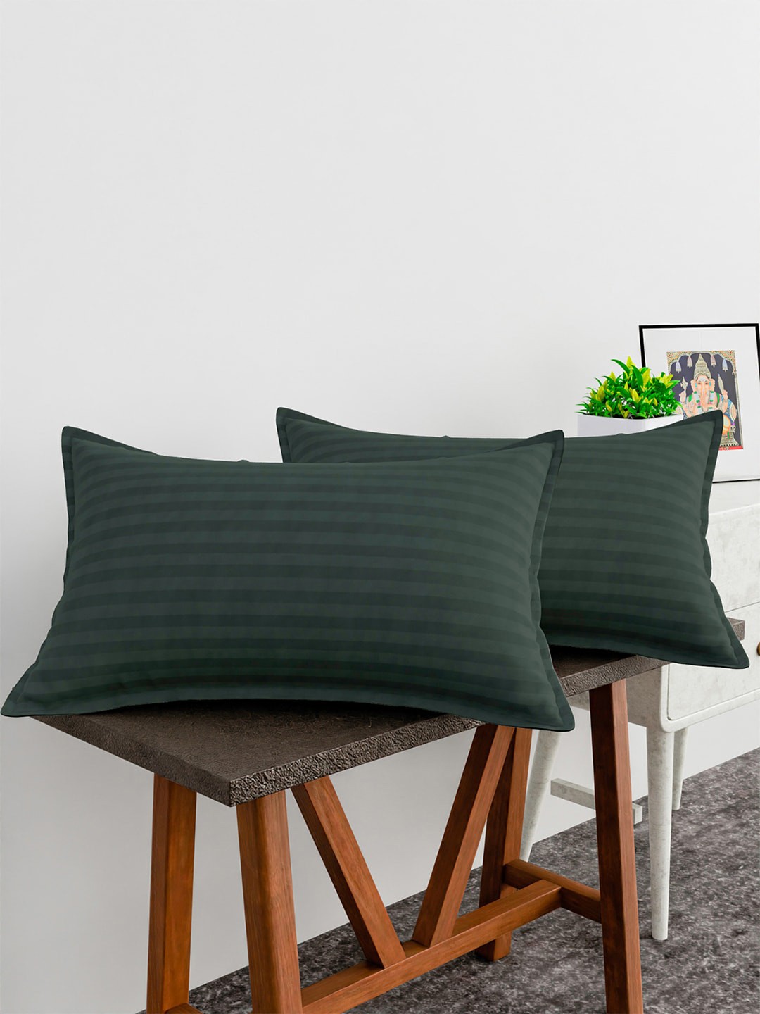 

Kuber Industries Green 2 Pieces Striped Pure Cotton Pillow Covers