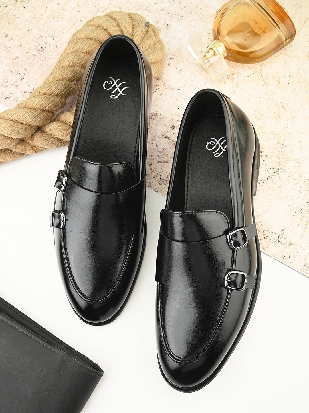 

House of Pataudi Men Slip On Formal Monks, Black