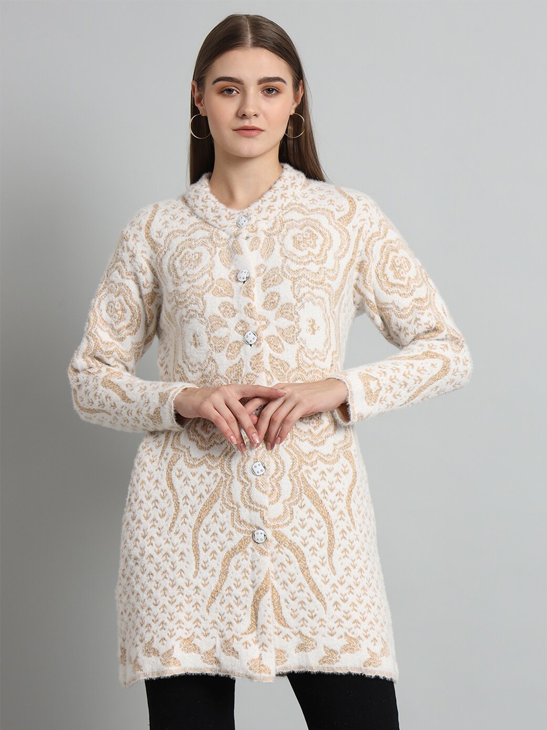 

eWools Floral Self Design Long Sleeve Woollen Cardigan Sweater, White