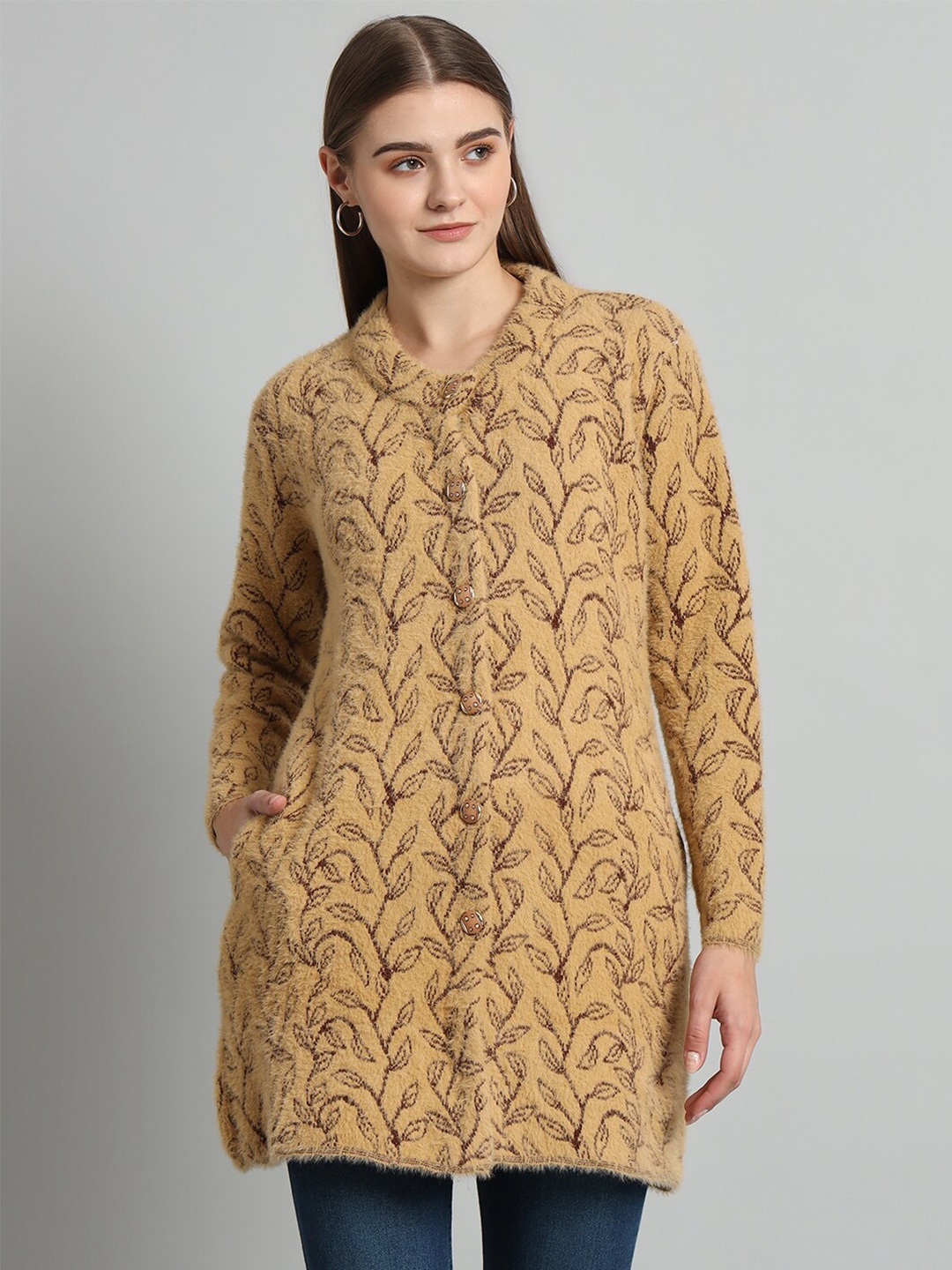 

eWools Leaf Printed Woollen Cardigan, Gold