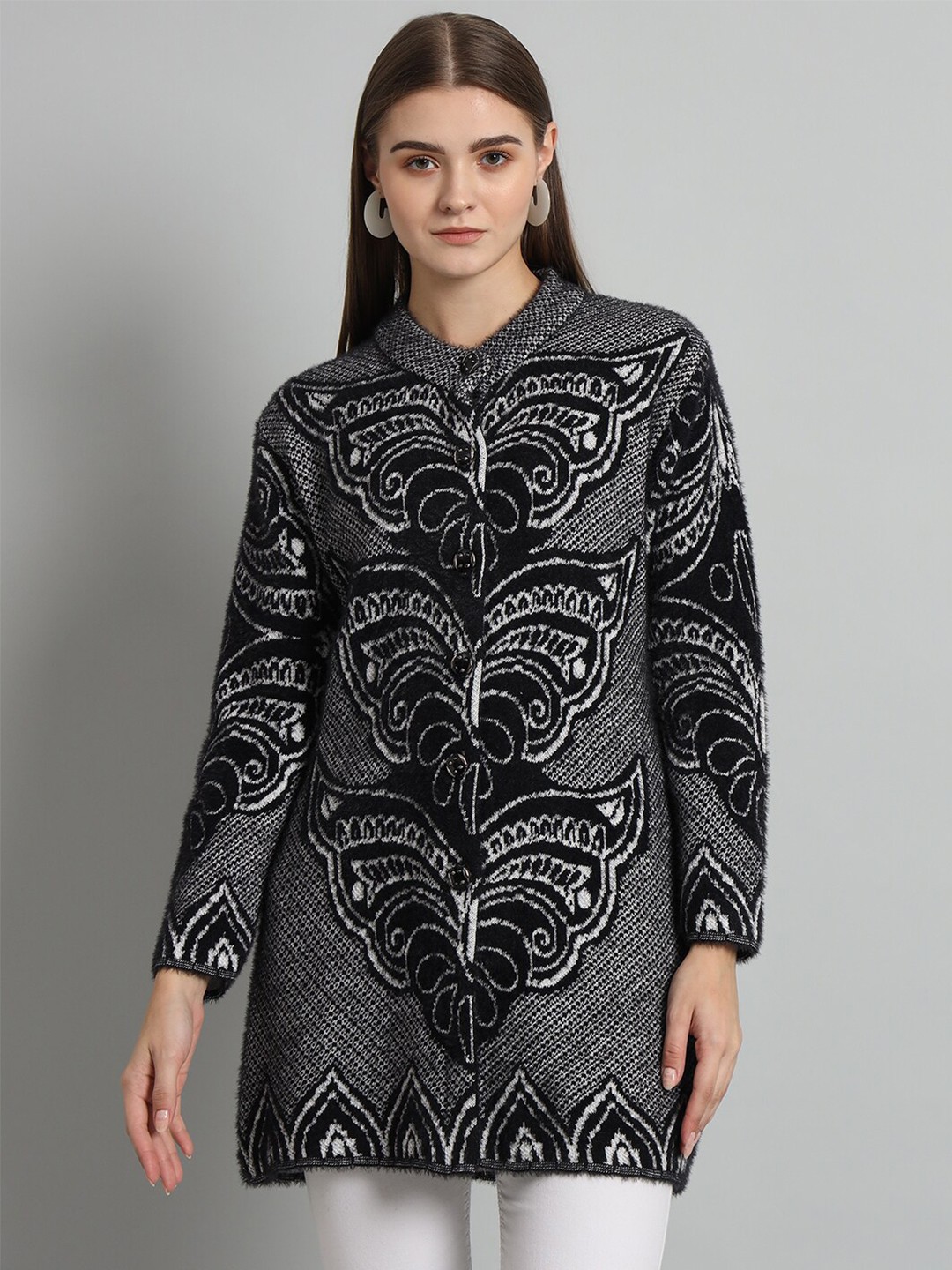 

eWools Ethnic Motifs Printed Woollen Cardigan, Black