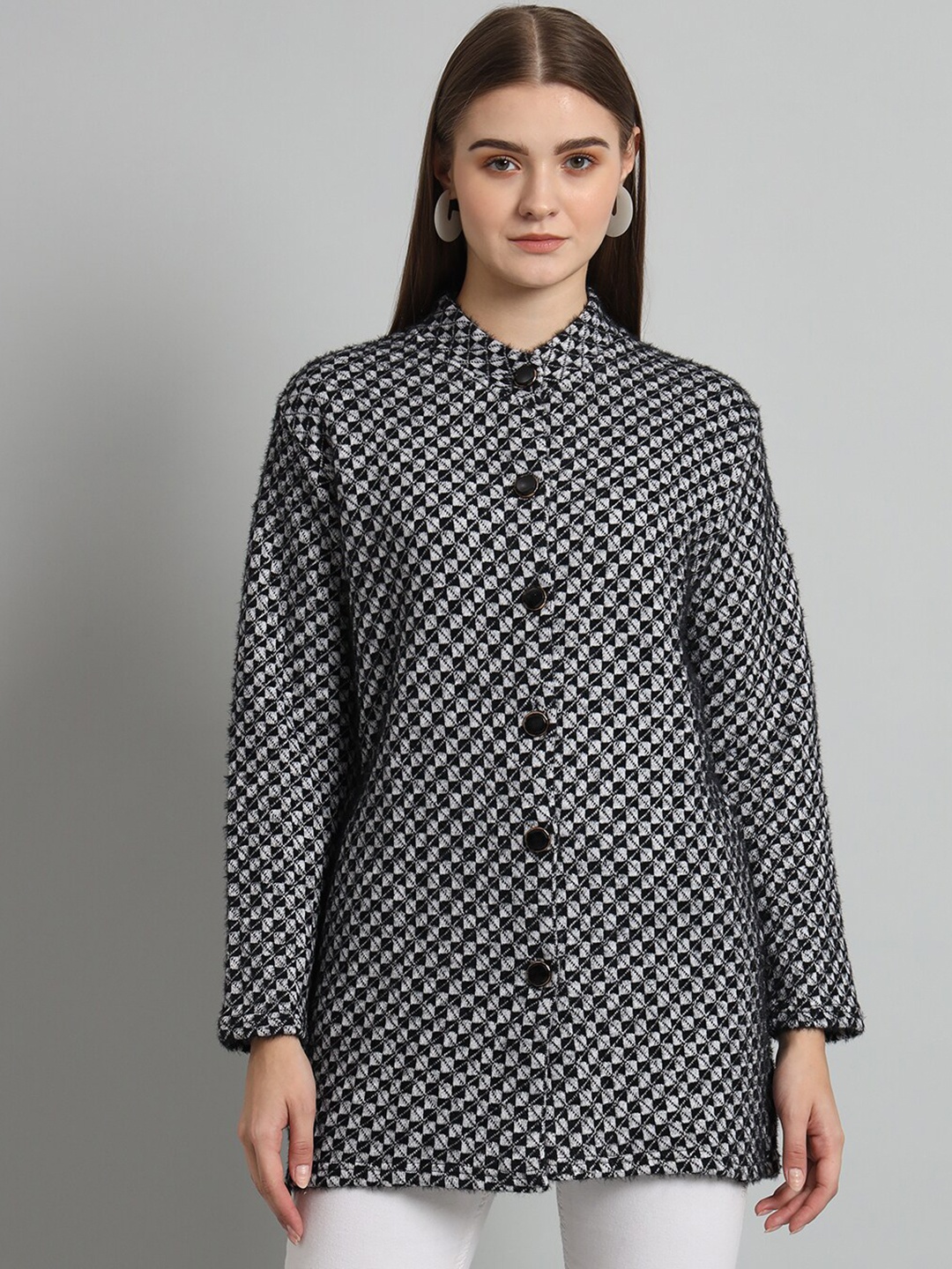 

eWools Geometric Printed Woollen Cardigan, Black