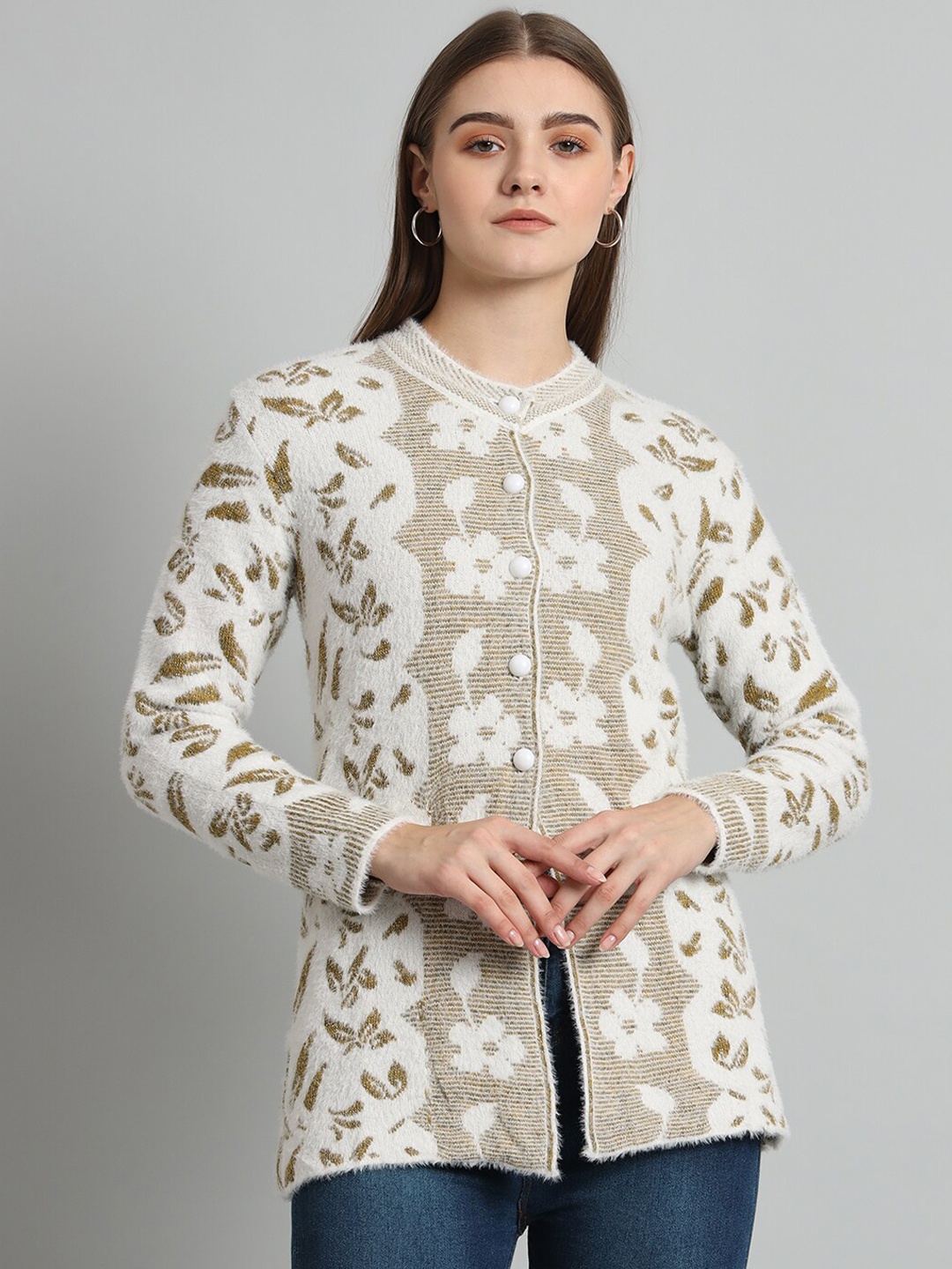 

eWools Floral Printed Woollen Cardigan, Off white