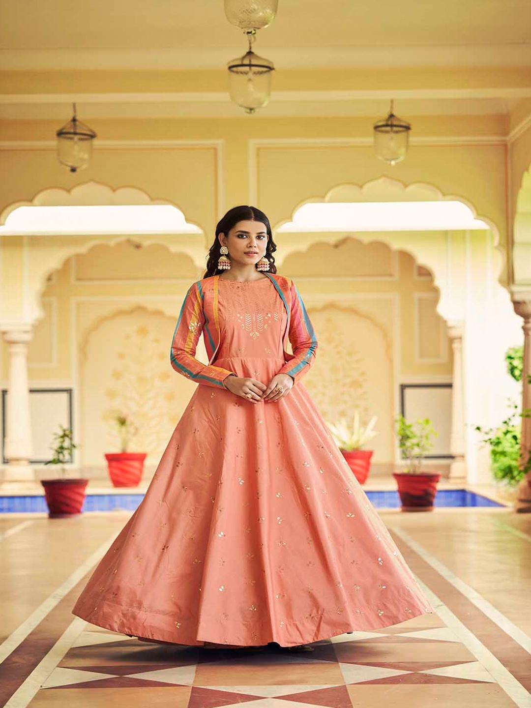 

Mitera Peach-Coloured & Gold-Toned Semi-Stitched Dress Material