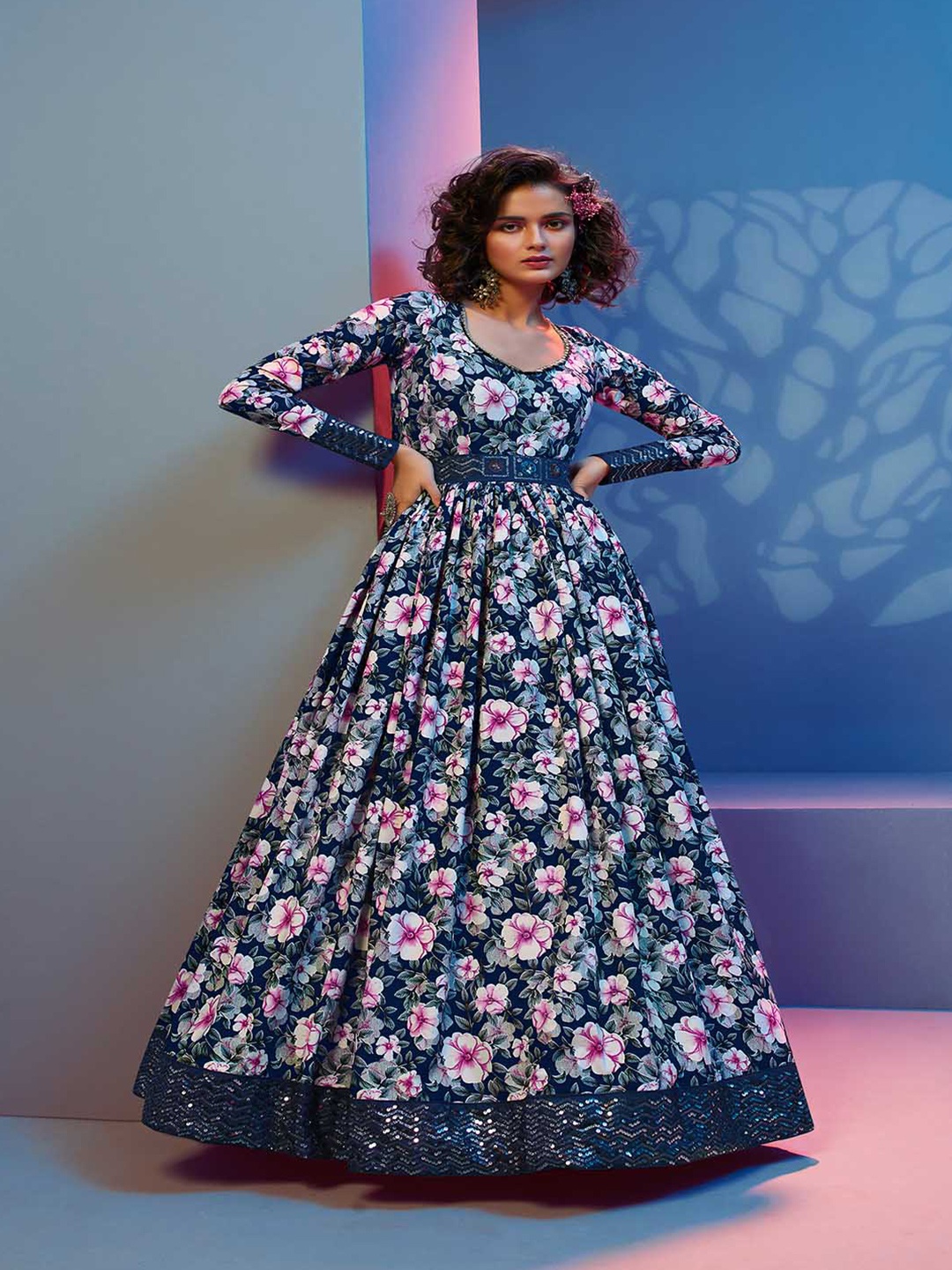 

Mitera Blue & Pink Semi-Stitched Dress Material