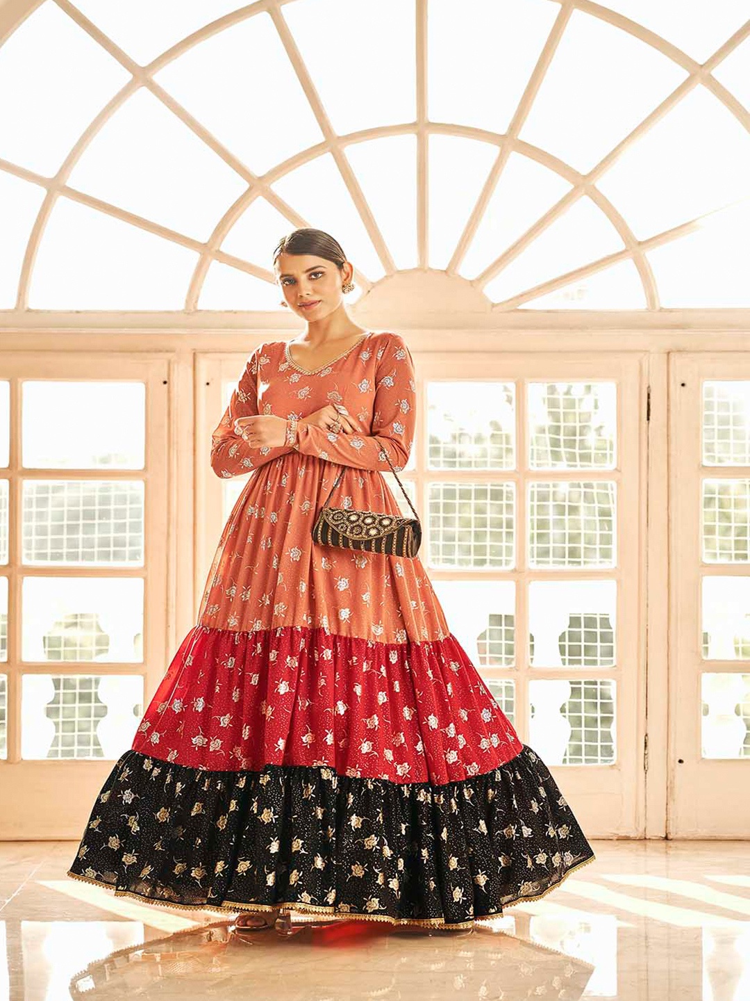 

Mitera Peach-Coloured & Black Silk Crepe Semi-Stitched Dress Material