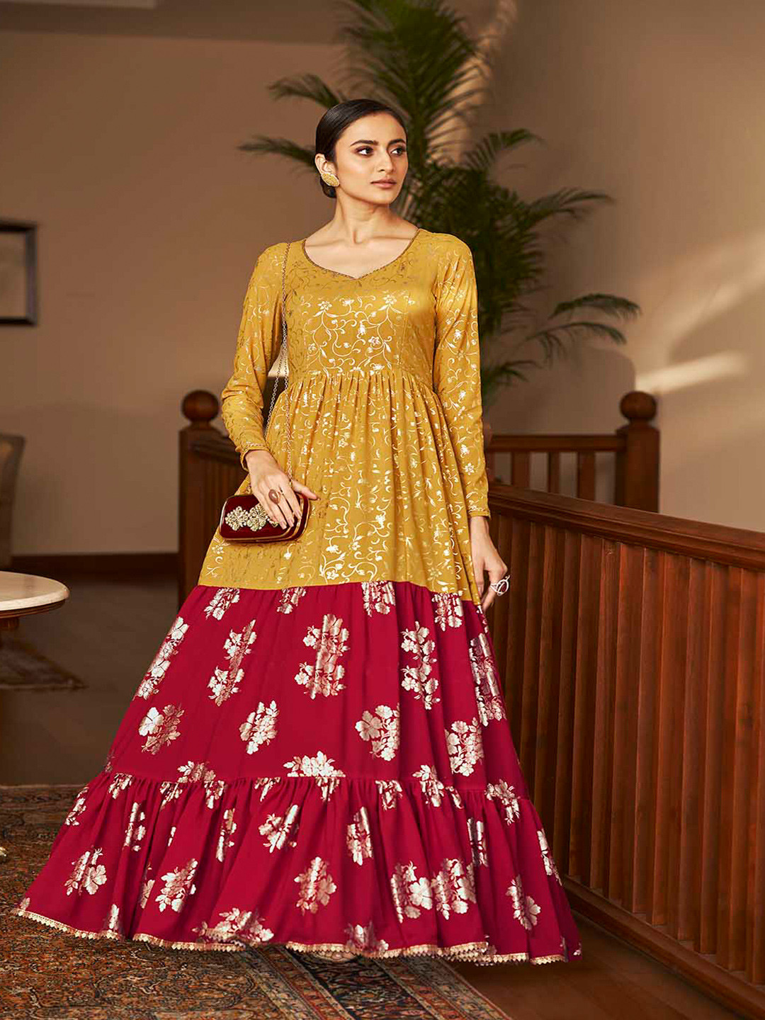 

Mitera Yellow & Pink Silk Crepe Semi-Stitched Dress Material