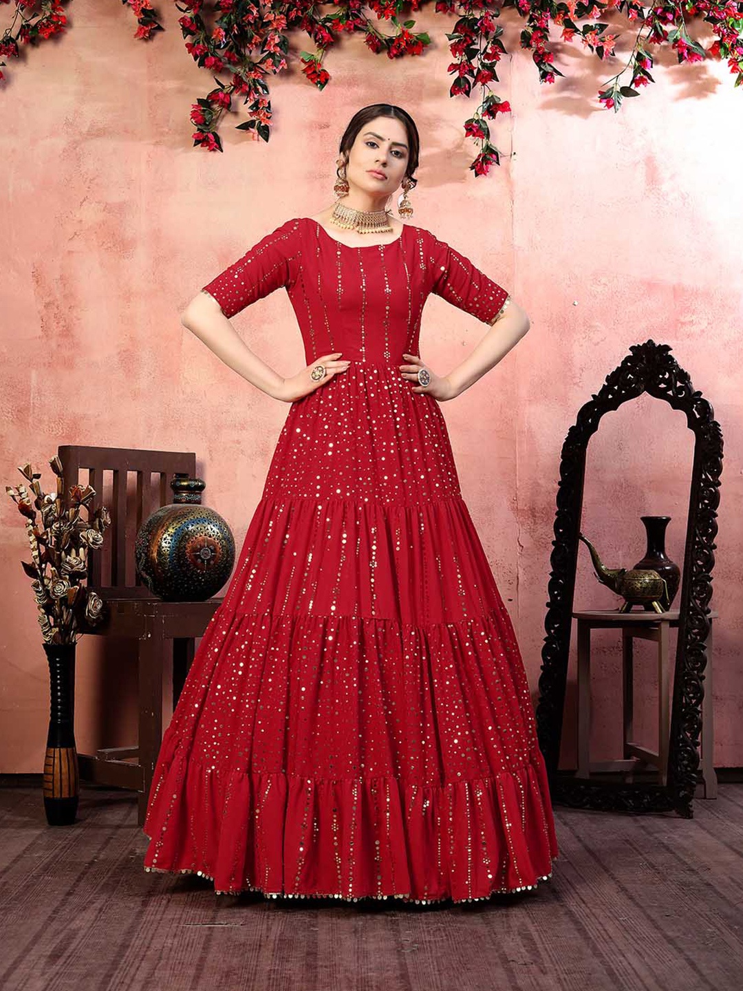 

Mitera Red & Gold-Toned Embellished Semi Stitched Long Gown