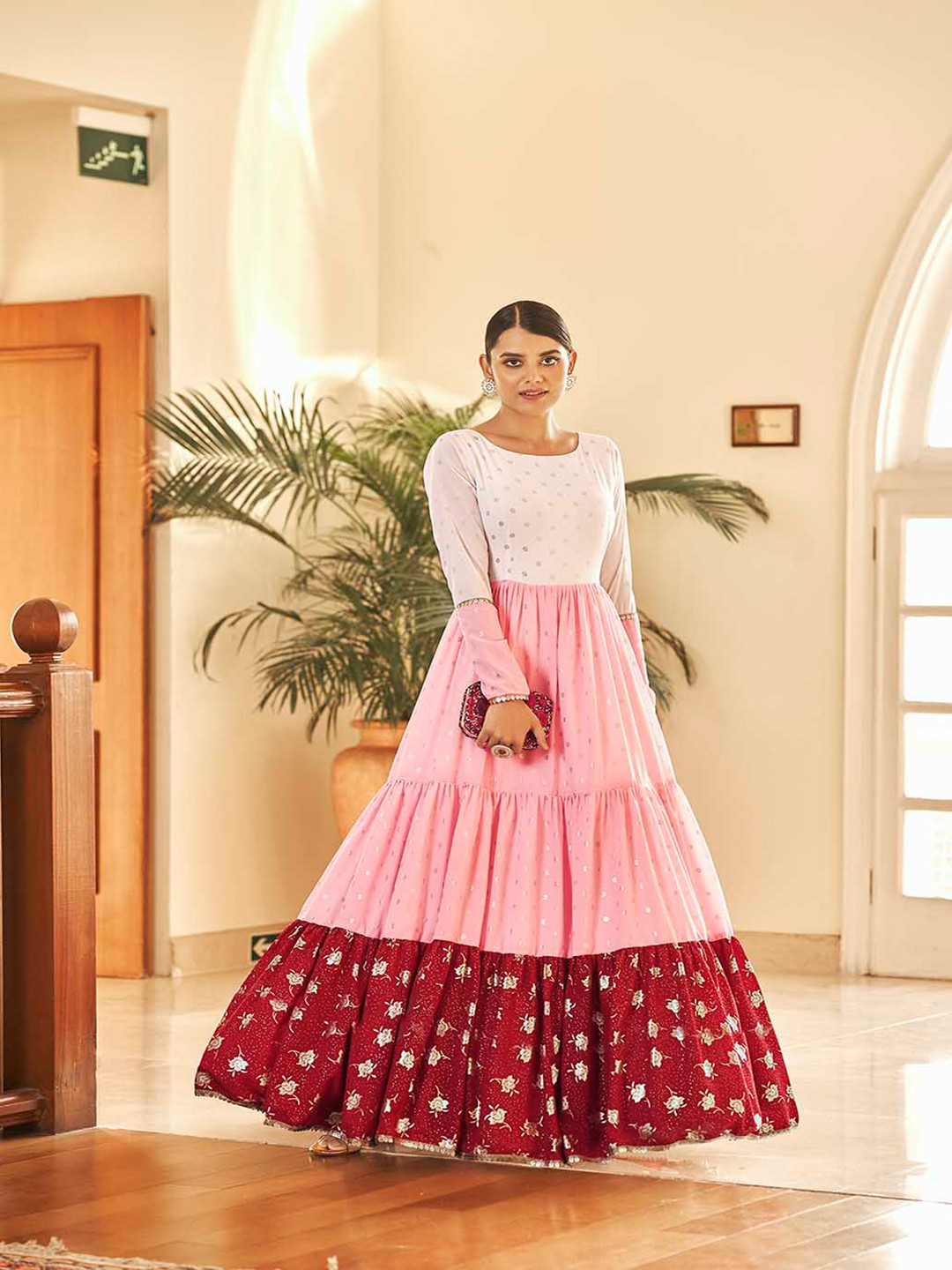 

Mitera Pink & White Silk Crepe Semi-Stitched Dress Material